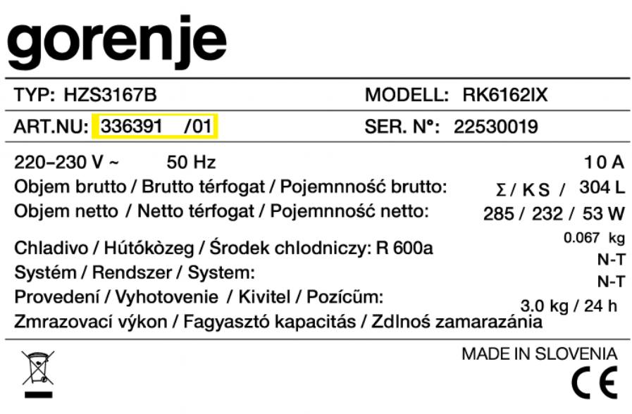 Vzor štítku Gorenje