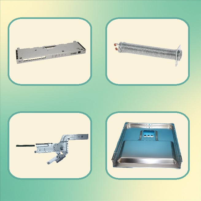 Ovládací panely a jejich části, madla dveří, panty, brzdy dveří myček nádobí